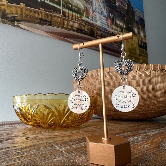 “I Love You to the Moon & Back” Heart Dangle Earrings - Picture 1 of 3